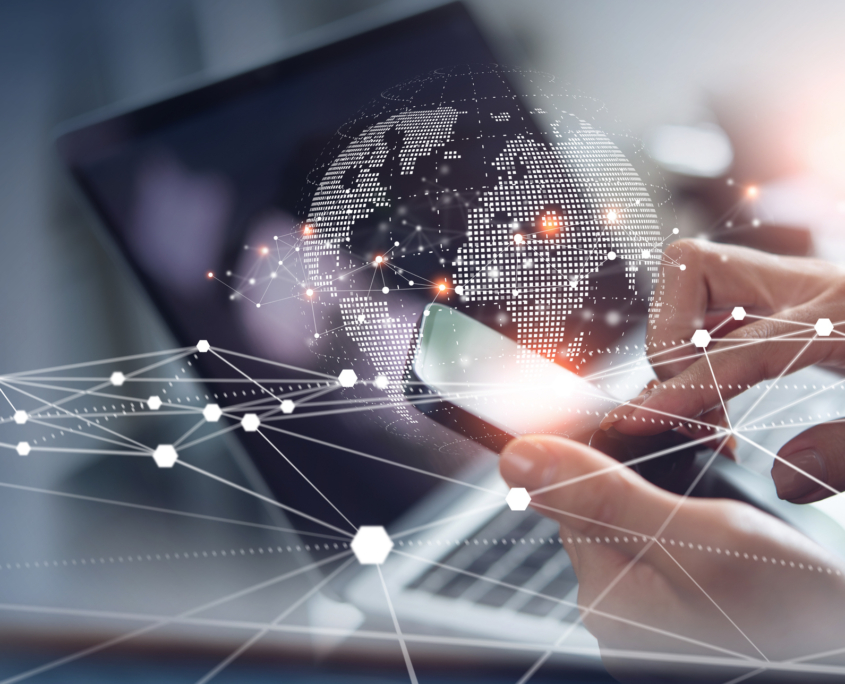 Digital technology, internet network connection, big data, digital marketing IoT internet of things. Woman using mobile phone and laptop computer surfing internet, innovative technology background Digital Signage