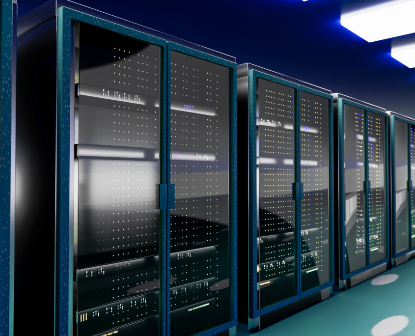 Server room data center. Backup, mining, hosting, mainframe, farm and computer rack with storage information. 3d render Digital Signage